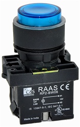 RCP2-BW166-110...ILLUMINATED PLASTIC PROJECTING PUSH BUTTON ACTUATOR-110AC, WITH BA9 FILAMENT BULB , BLUE COLOR